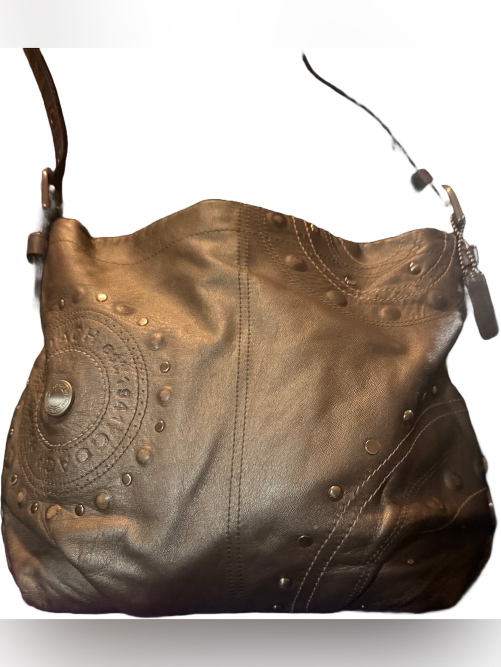 Coach Brown Metallic Studded Leather Shoulder Hobo